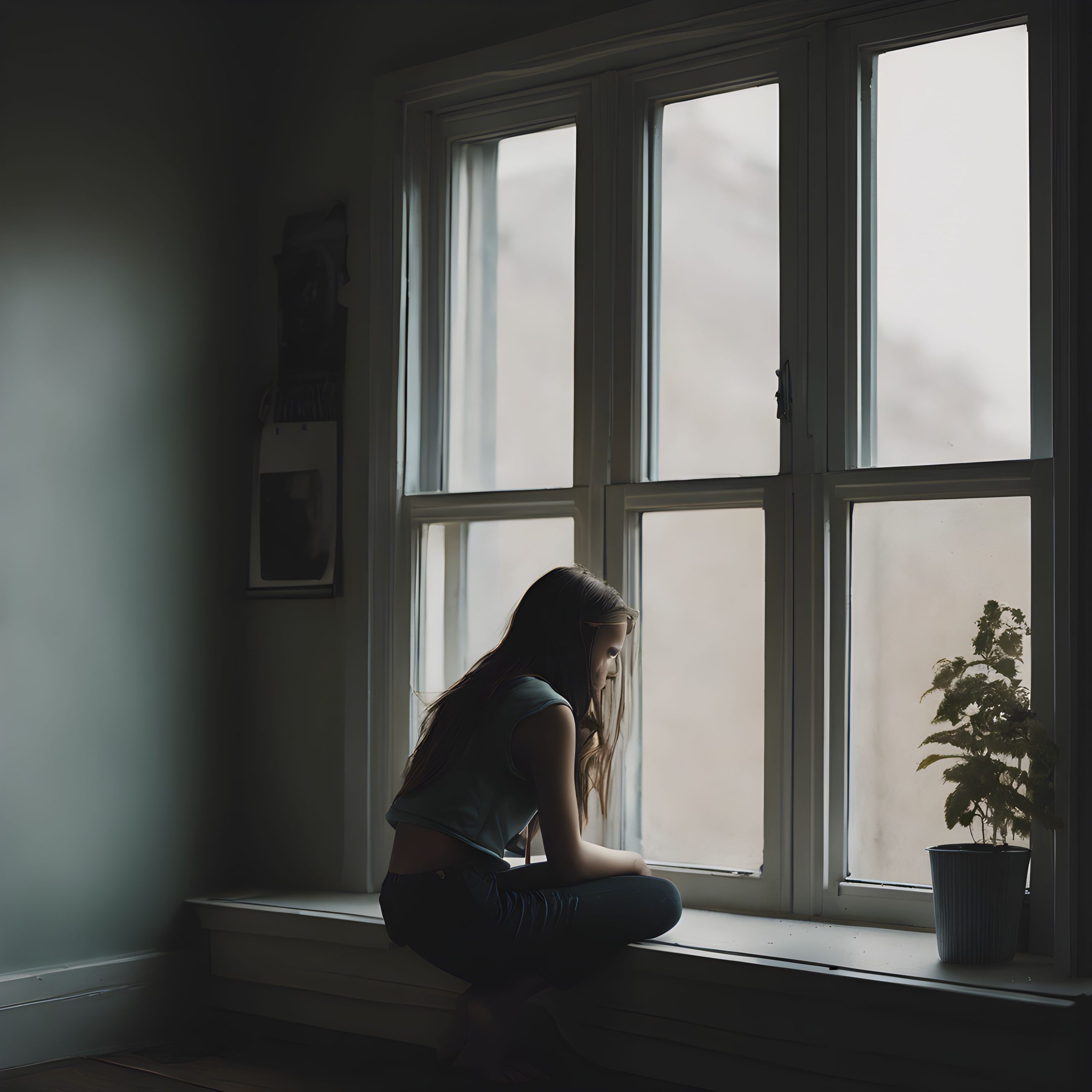 A young girl sits on a windowsill, looking out at a cloudy day. Soft light filters through the window, casting gentle shadows. A small potted plant rests beside her on the sill. The mood is quiet and contemplative.