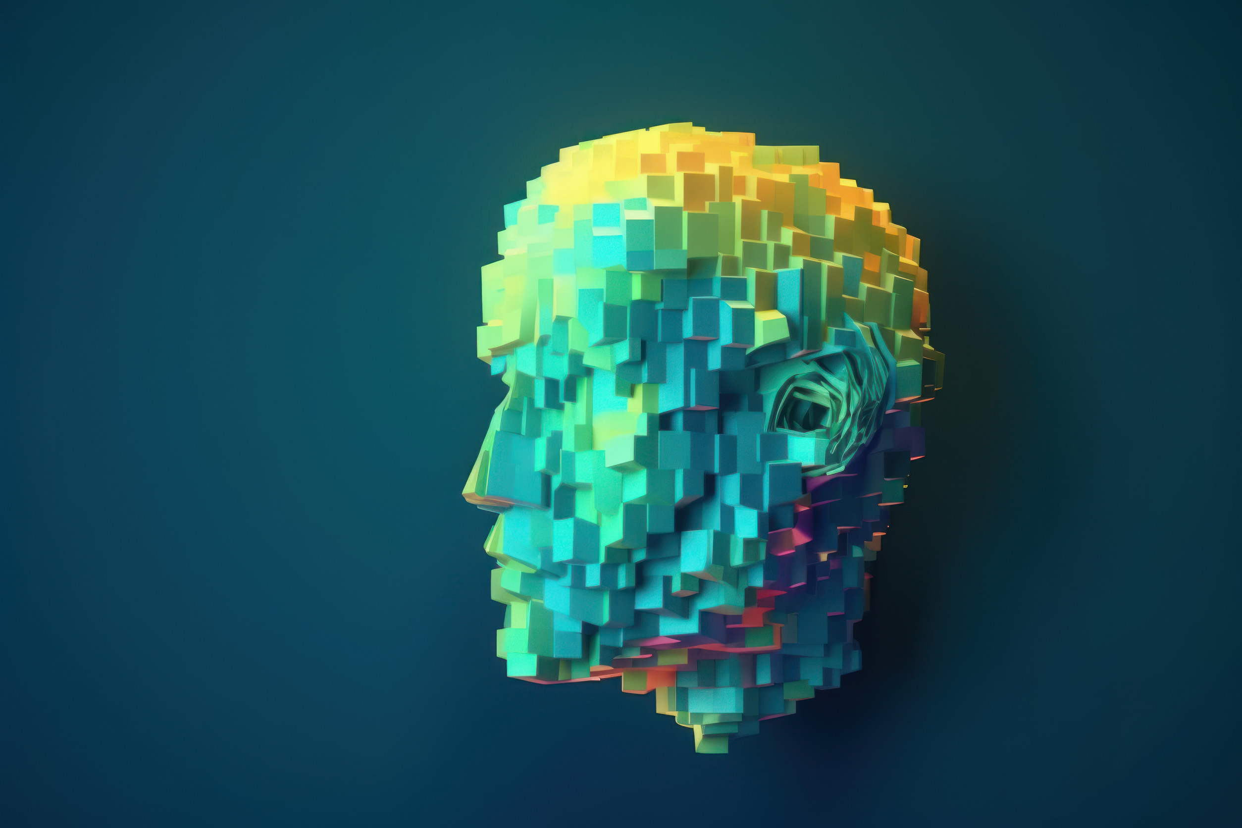 A 3D-rendered digital image of a human head made up of colorful, gradient cubes, set against a dark blue background. The cubes create a pixelated, abstract effect on the head’s surface.