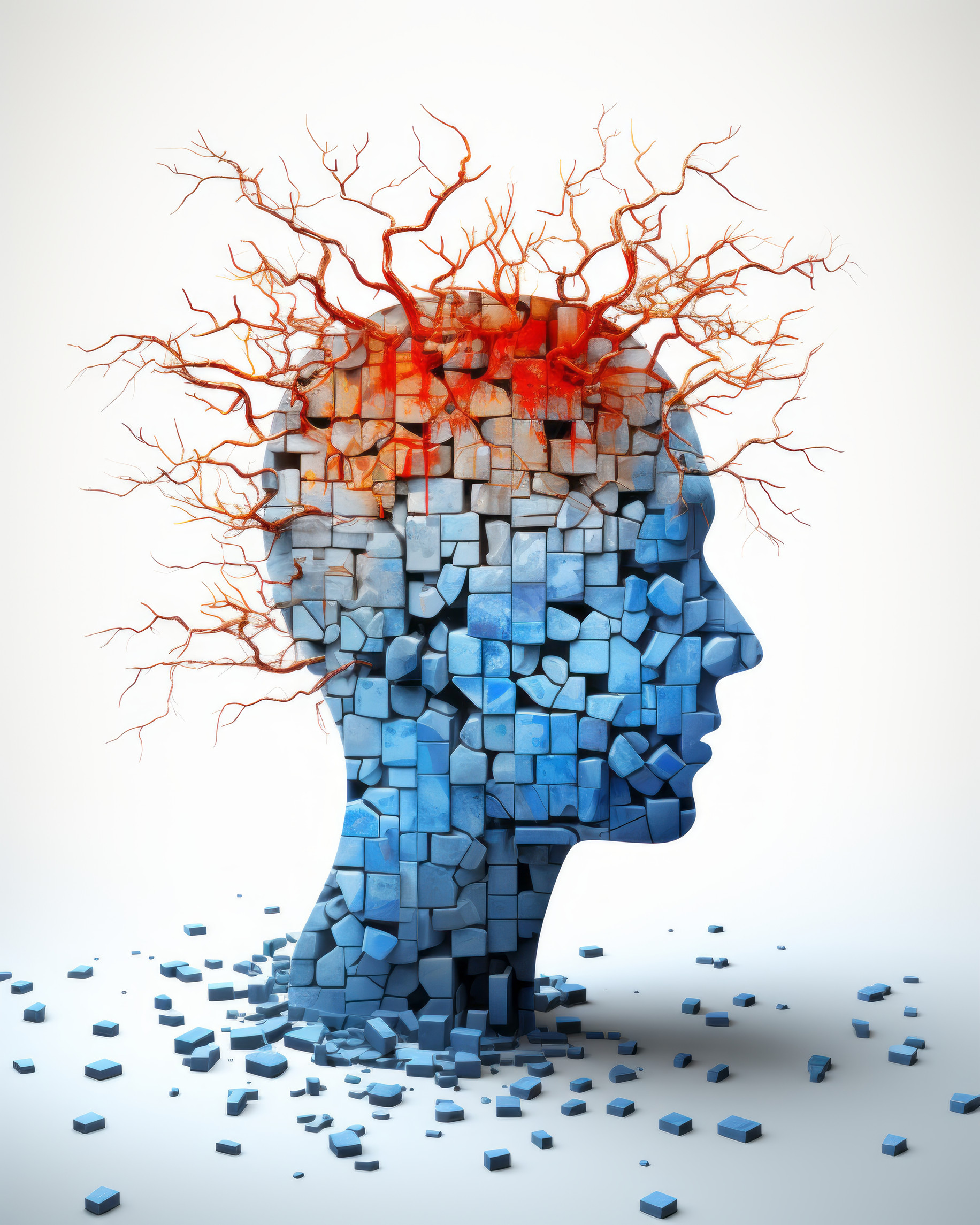 A human head made of blue cubes is breaking apart, with red, tree-like branches emerging from the top, symbolizing mental processes or creative thinking against a light background.