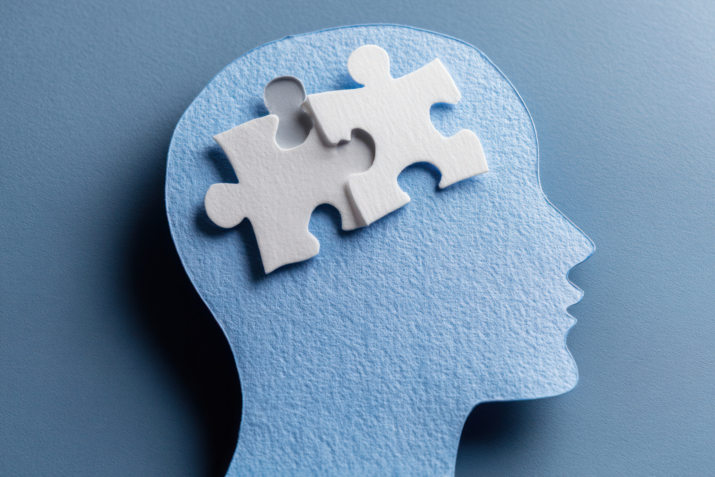 A blue paper cutout of a human head in profile with two white puzzle pieces in the brain area, symbolizing therapy, mental health, thinking, or problem-solving.