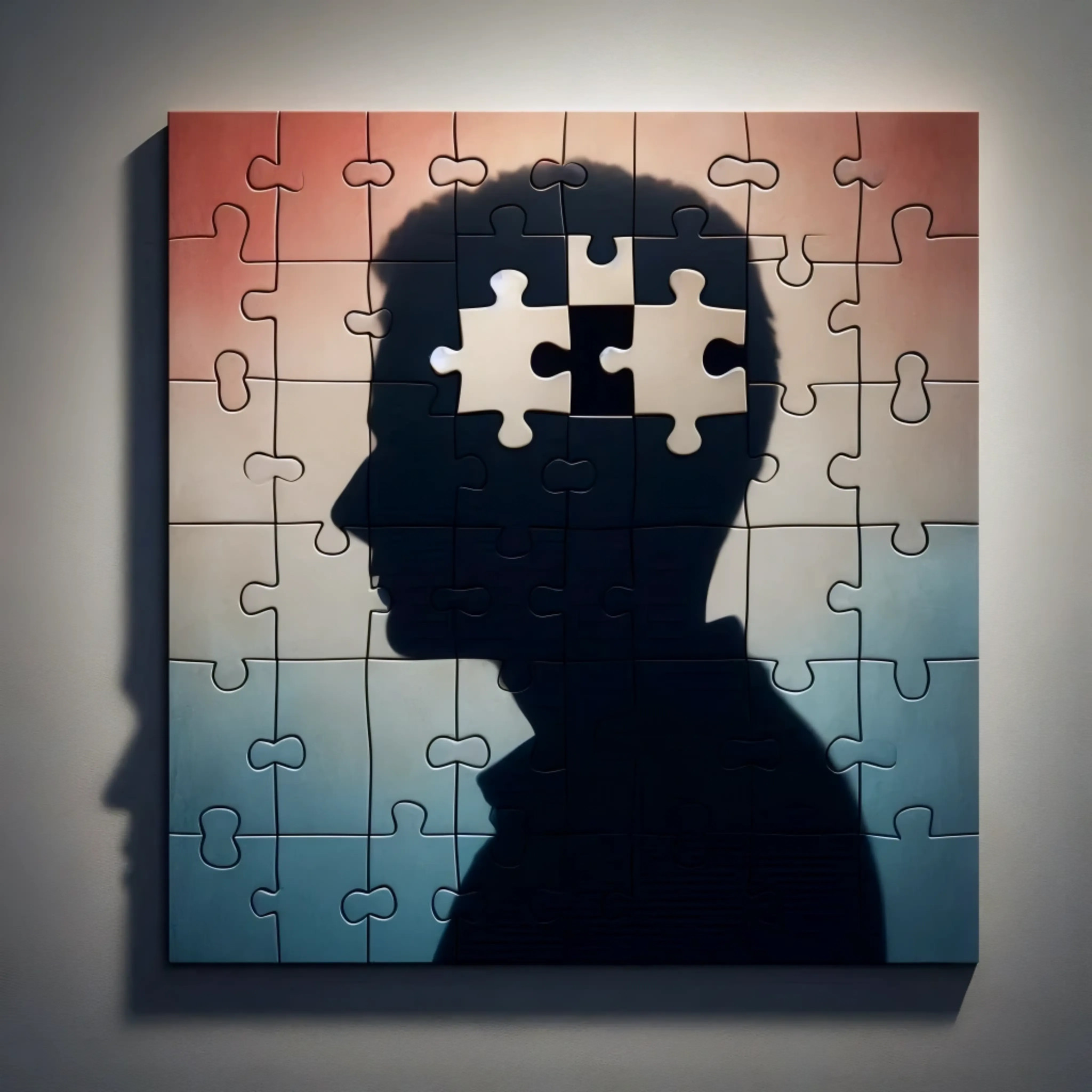 A puzzle featuring the silhouette of a person’s head hangs on a wall, with two pieces missing from the area where the brain would be, casting a shadow and evoking a sense of incompleteness or mystery.