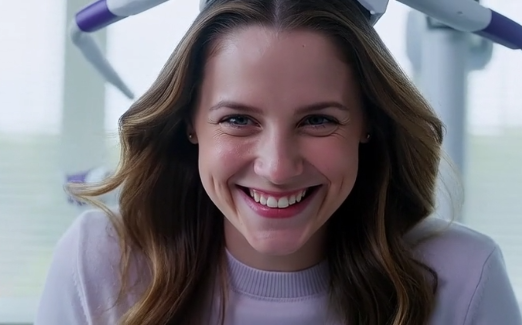 A smiling woman with long brown hair sits in a dental chair, ready for a procedure. Dental equipment is visible behind her head, and she appears happy and relaxed.