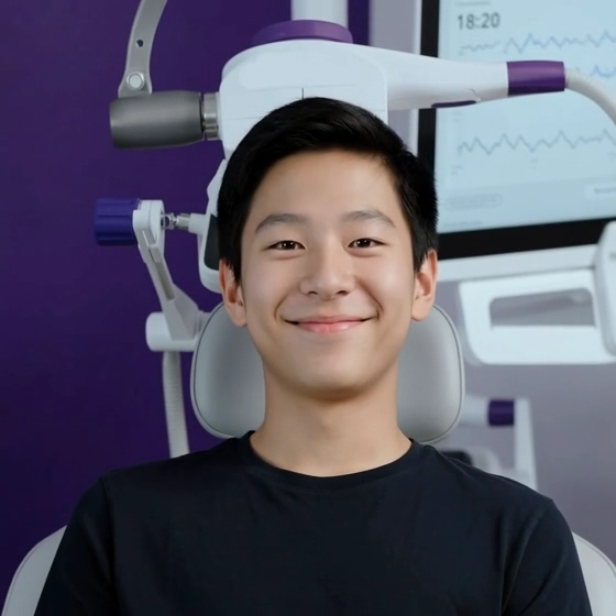 A young person with short black hair sits smiling in a chair, with medical equipment and a monitor displaying graphs in the background. The setting appears to be a modern healthcare or diagnostic facility.