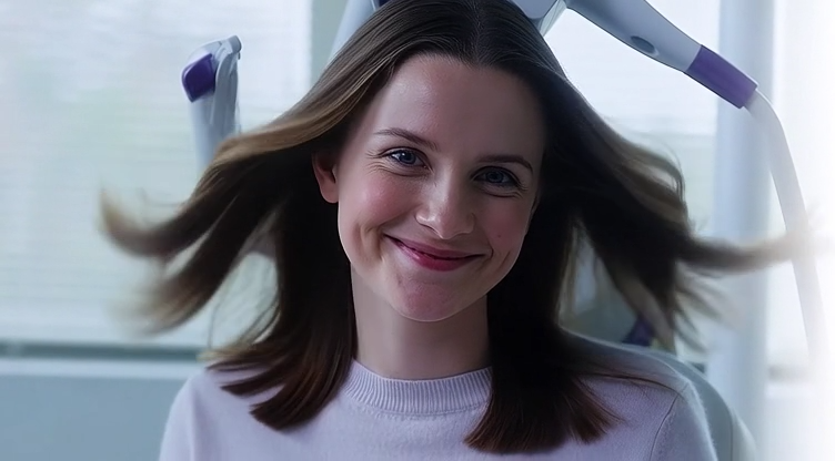 A young woman with shoulder-length brown hair and a light sweater smiles warmly as her hair swings outward, sitting in a bright, modern room with blurred medical equipment in the background.