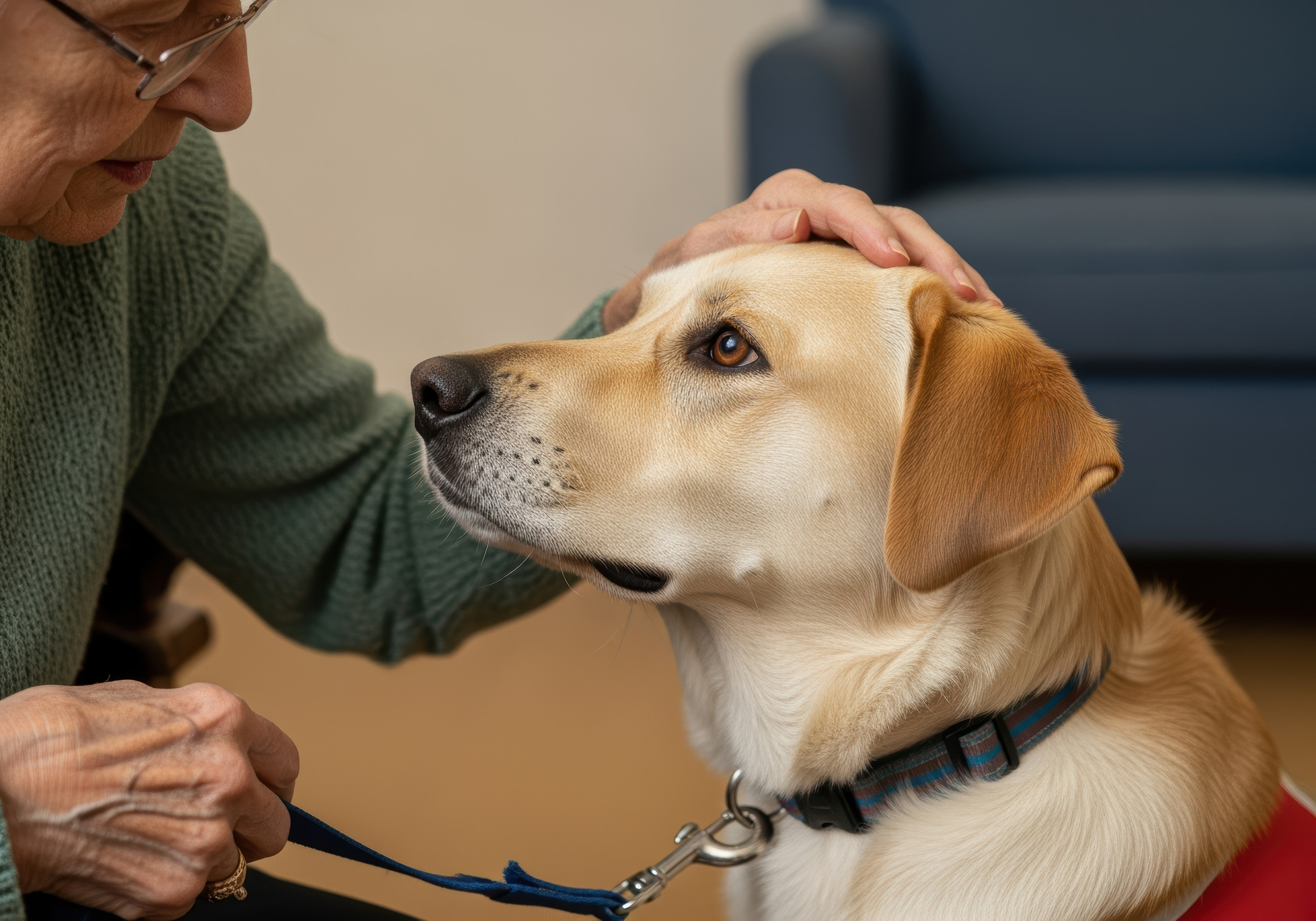 An elderly person gently pets the head of a yellow Labrador in a red vest, illustrating the healing power of Animal Assisted Therapy. Holding the dog's blue leash, they share a calm moment indoors, highlighting the comfort therapy animals provide.