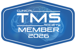 Blue badge reading "Clinical TMS Society Member 2026" with a faint image of a brain in the background. The text is white and centered within a blue, hexagon-shaped border.