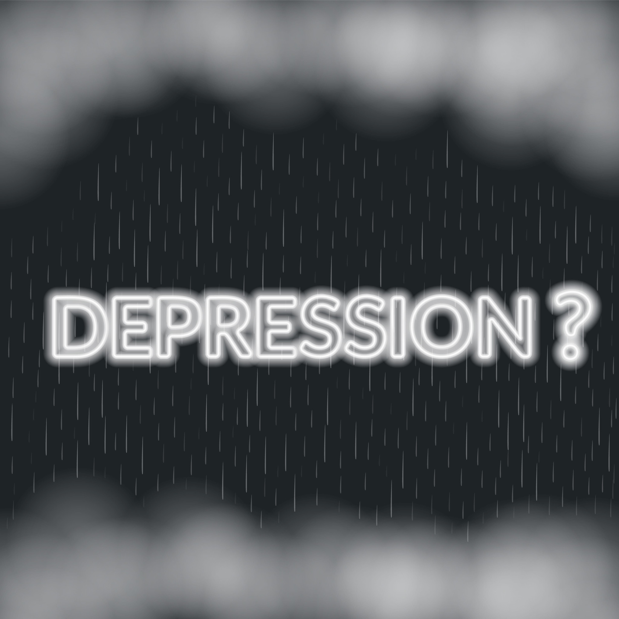 The image features the word "DEPRESSION?" in bold, glowing white letters centered on a dark background with rain and clouds, highlighting the struggle with mental health and how it can make everyday tasks feel overwhelming.