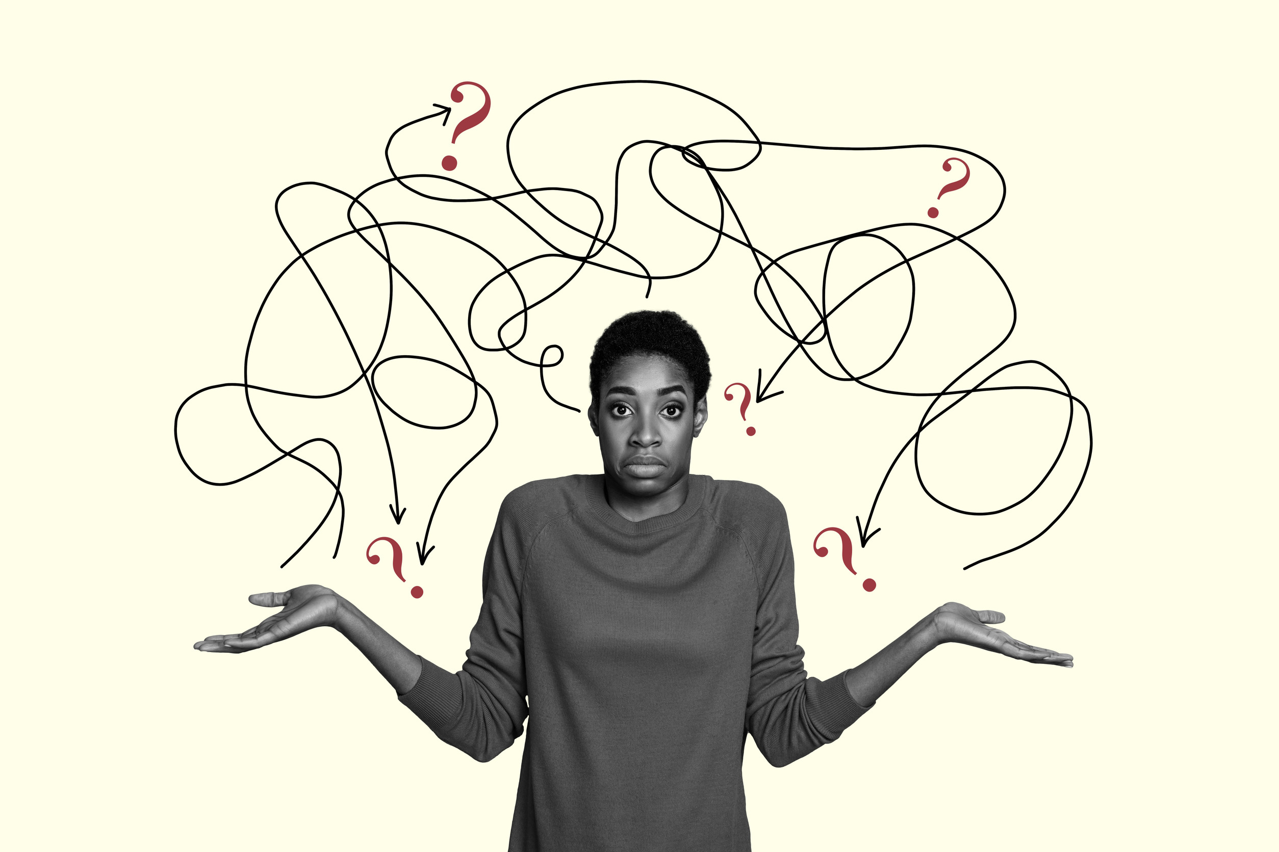 A person shrugs with a confused expression, surrounded by chaotic black lines and red question marks, symbolizing the hidden struggle of executive dysfunction or uncertainty.
